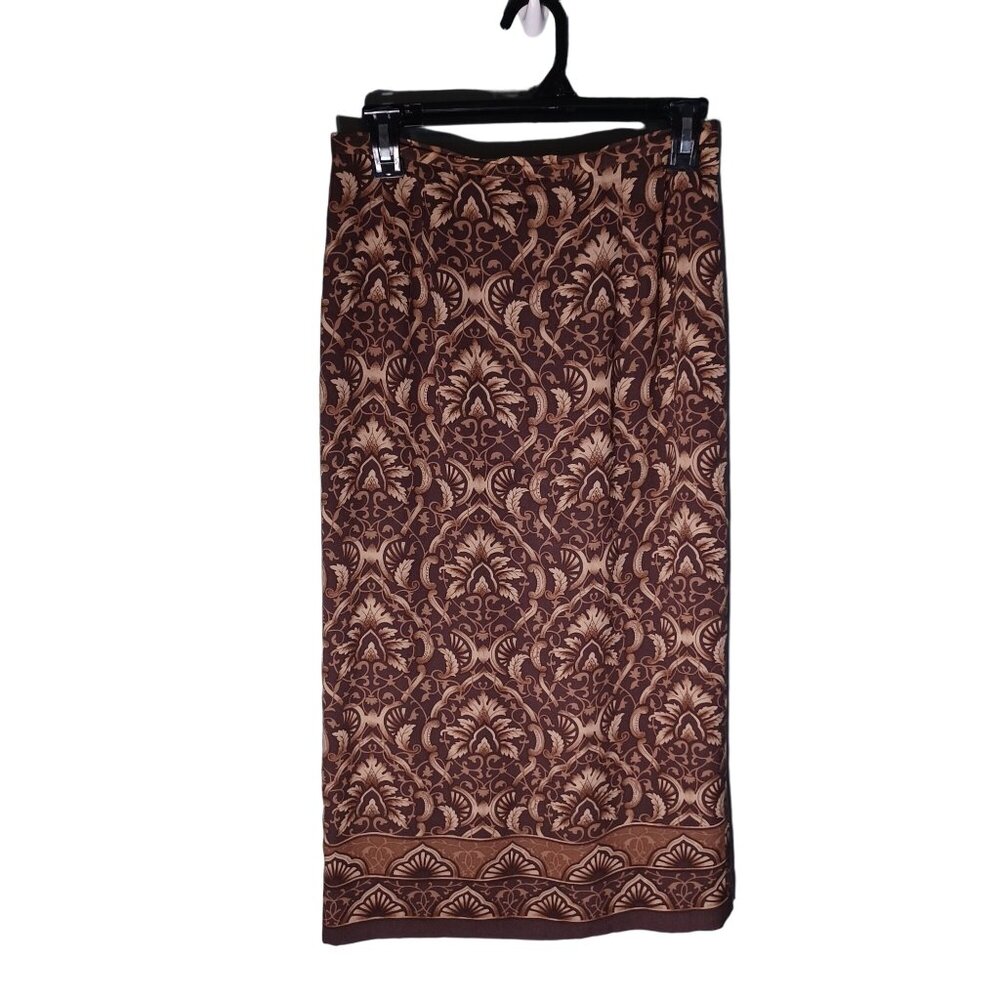 Talbots Midi Skirt Womens 6 P Brown Y2K Silk Fairycore Grunge Geometric